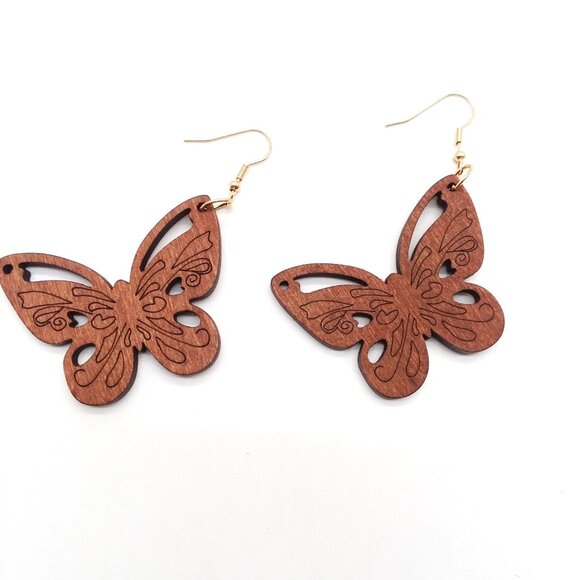Earrings Butterfly Wooden Hollow Cut Bohemian Dangle Boho Hippie Trendy Pretty - Picture 1 of 2